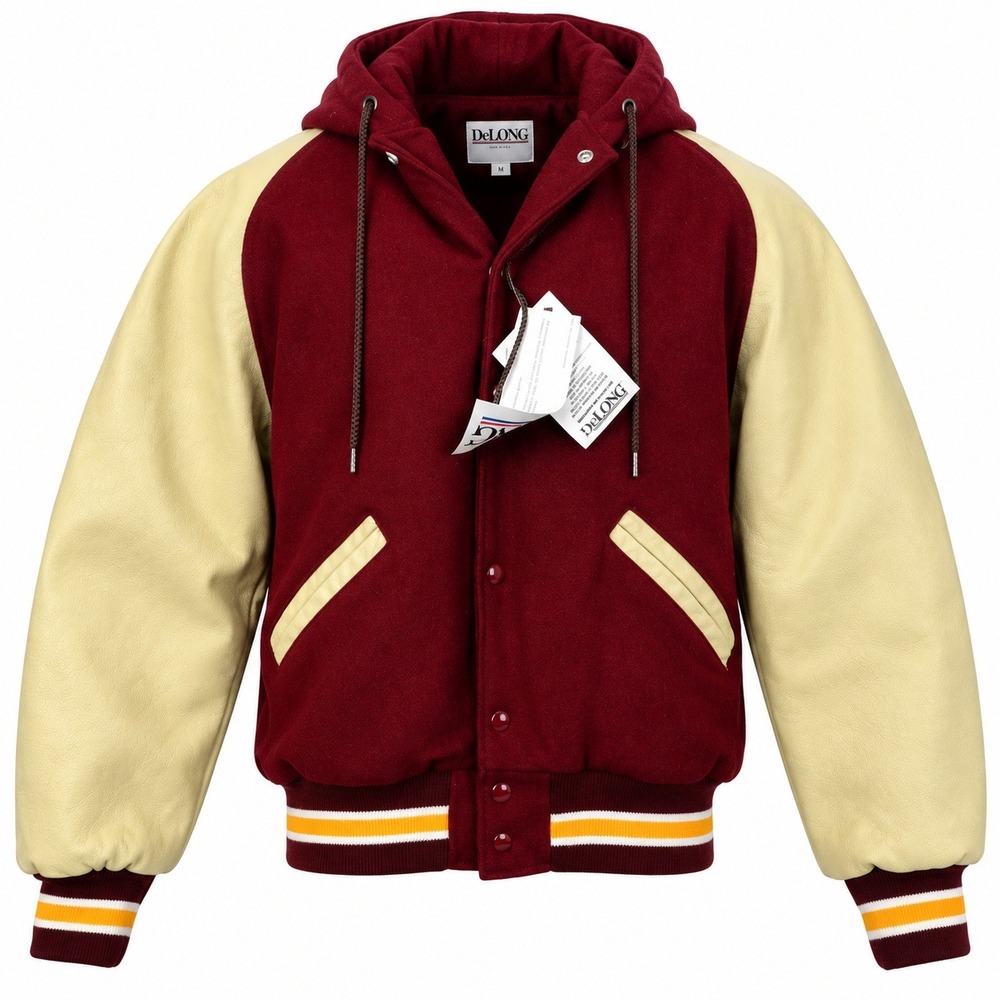 DeLONG Varsity Jacket Hooded Wool Leather Bomber Burgundy Cream Mens Medium NWT